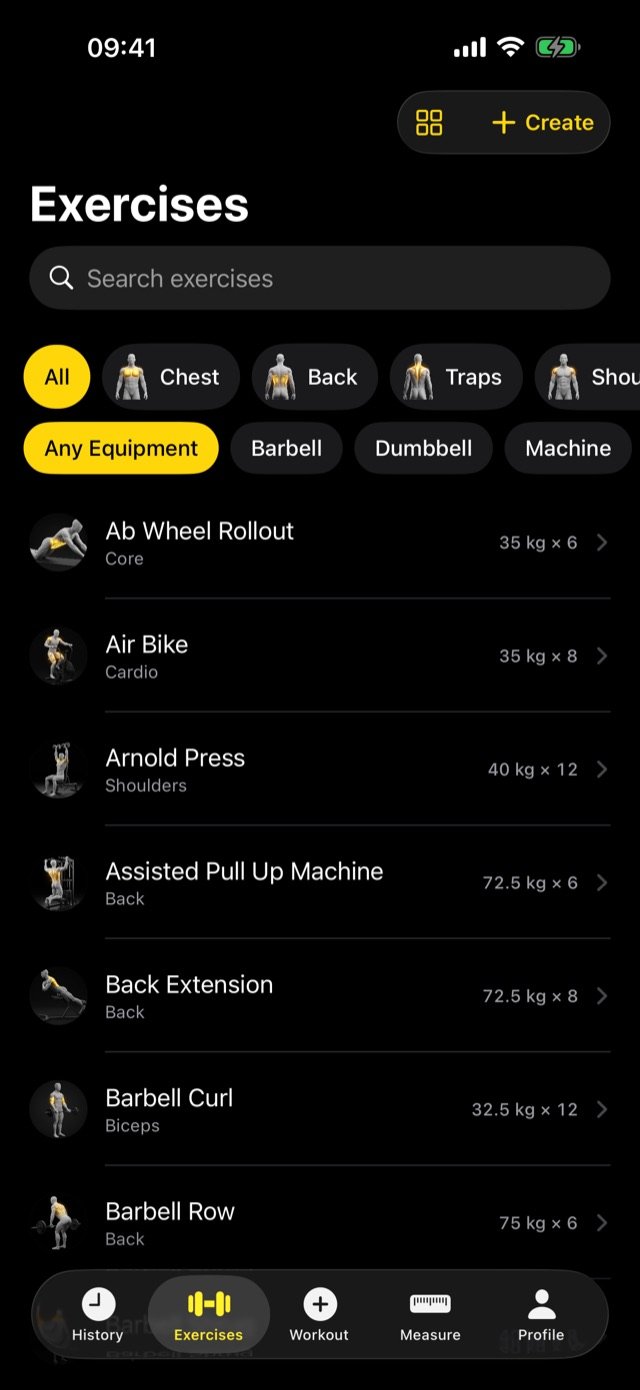 Kraft exercise library: search field, muscle-group and equipment filters, and exercises with their last logged weight.