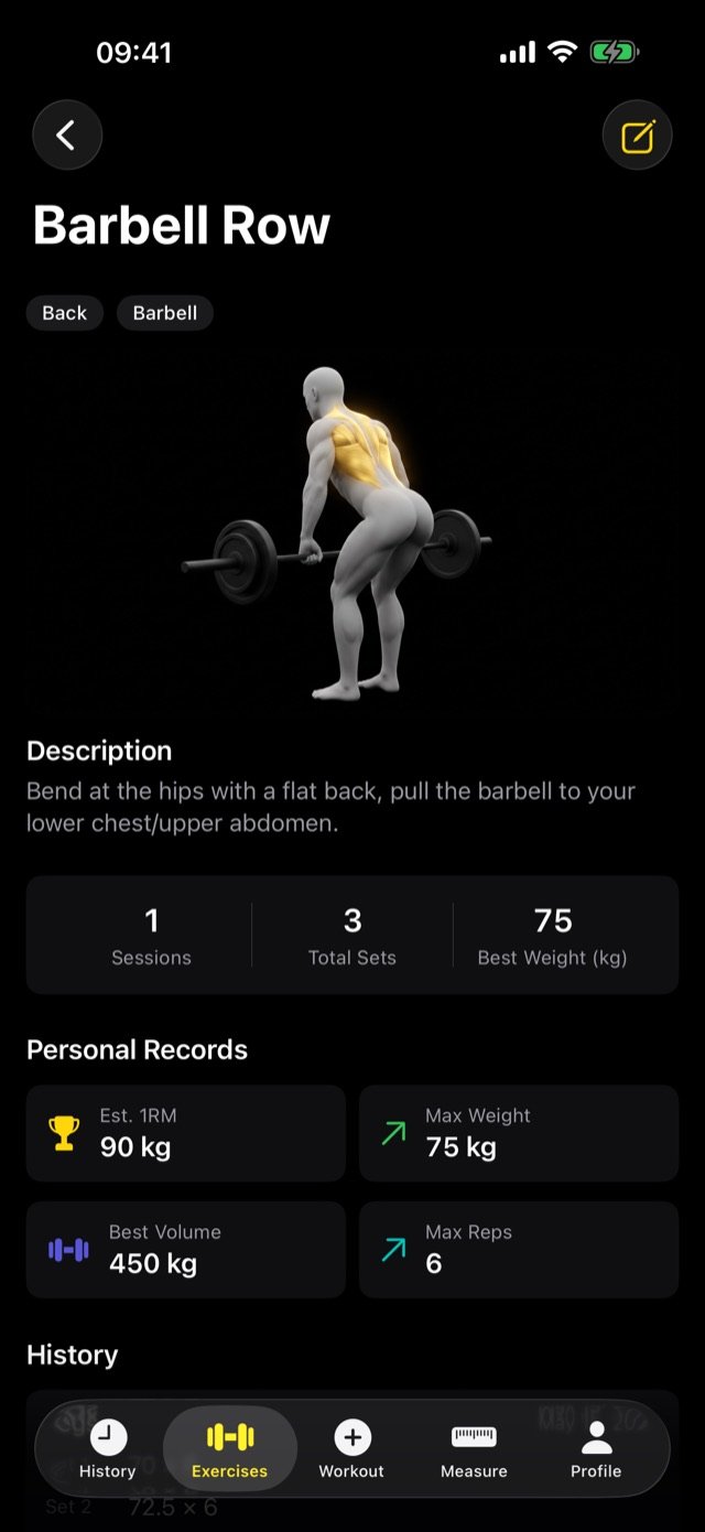 Kraft exercise detail for Barbell Row: sessions, total sets, best weight, and personal records including estimated 1RM.