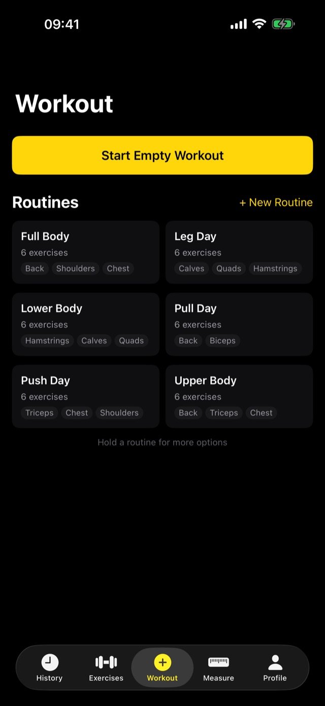Kraft workout tab: Start Empty Workout above six routines — Full Body, Leg Day, Lower Body, Pull Day, Push Day, Upper Body.